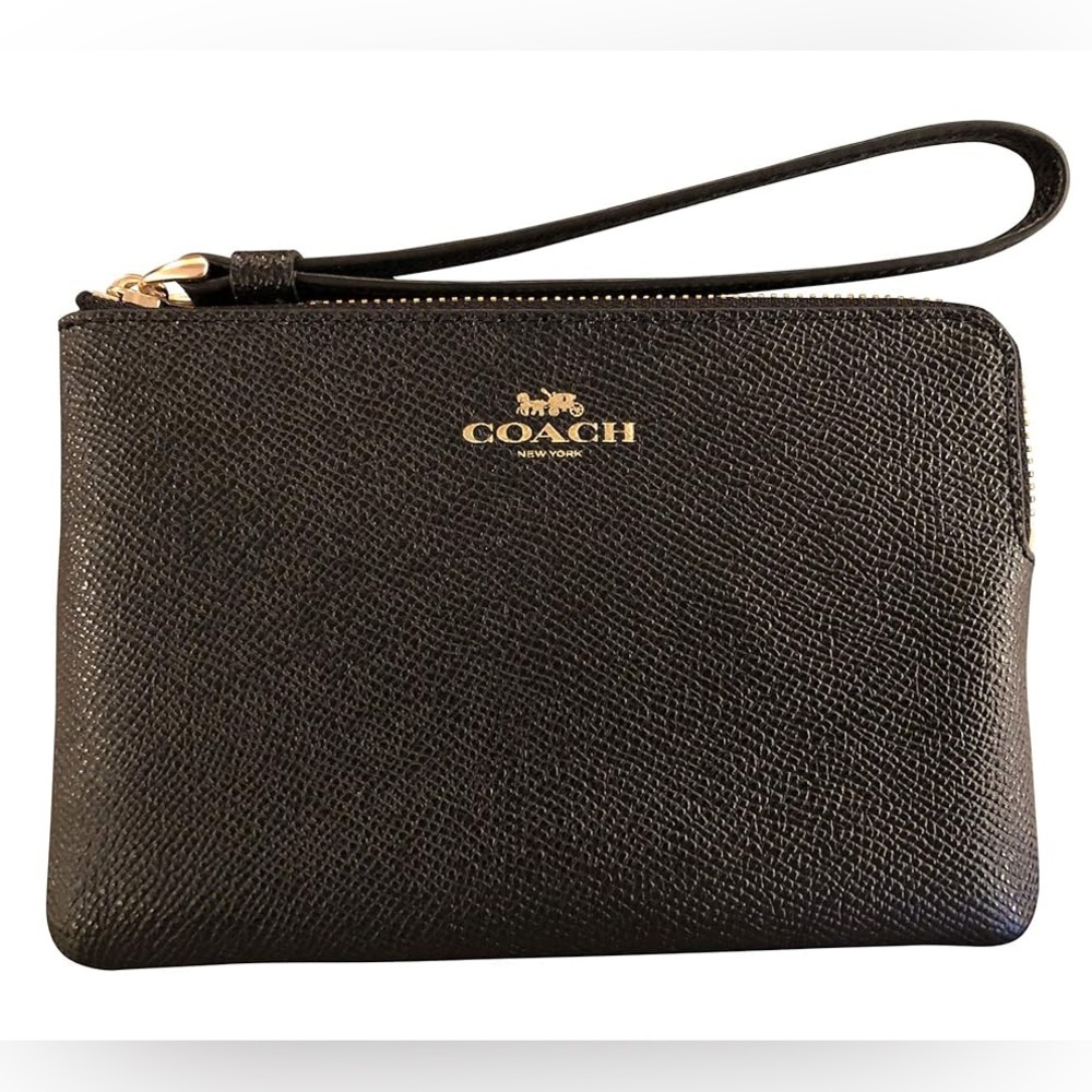 Coach Crossgrain Leather Corner Zip Wristlet Black coin  + cards wallet